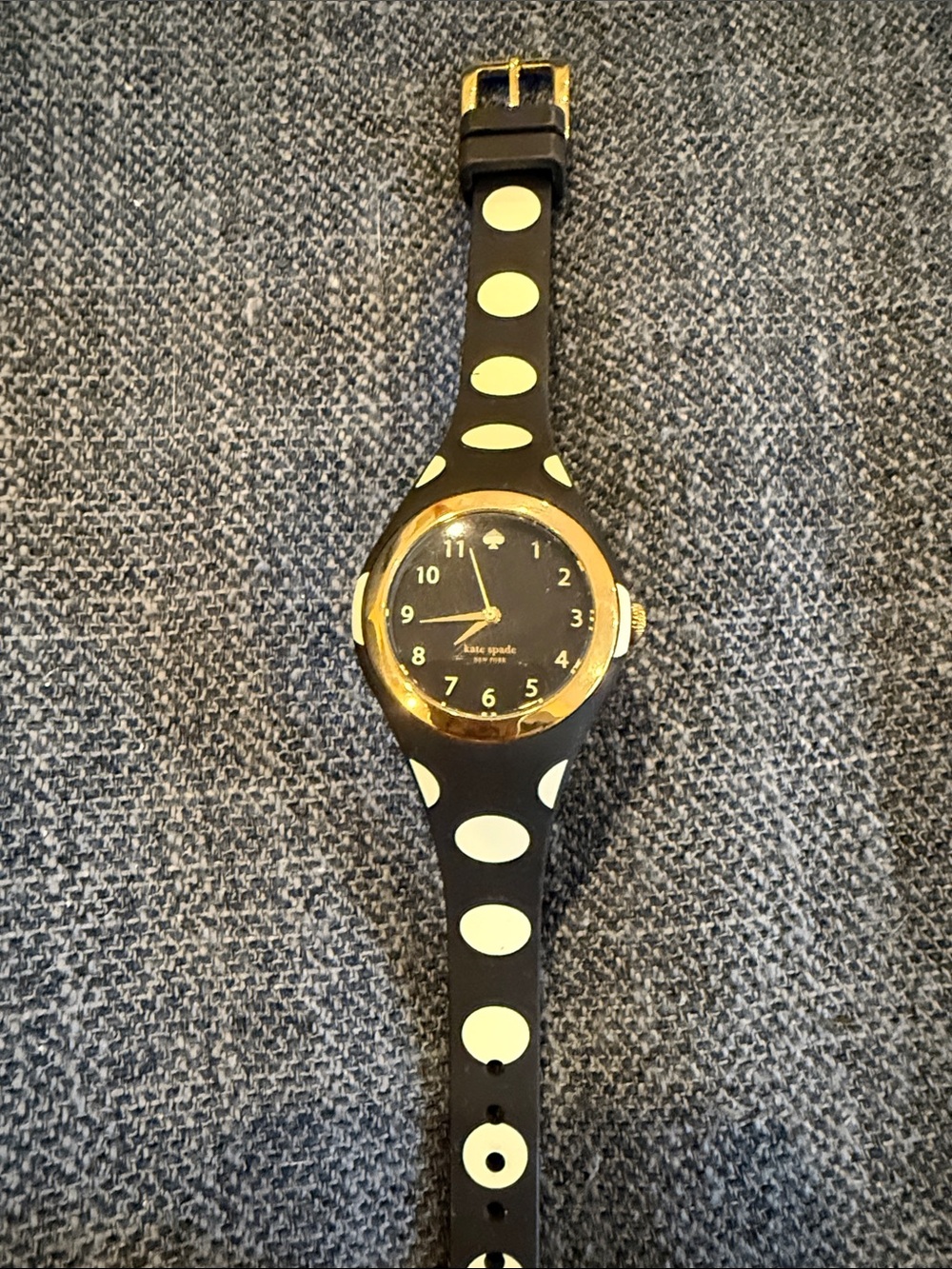 kate spade Black Silicone Watch with White Polka Dots and Gold-Tone Bezel